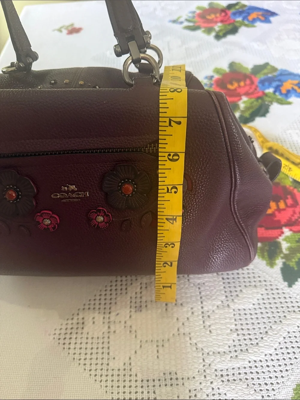 Coach Plum Floral Appliqué Leather Satchel